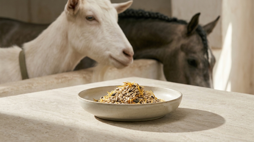 Premium wholesale animal feed and feed grains with livestock in the background